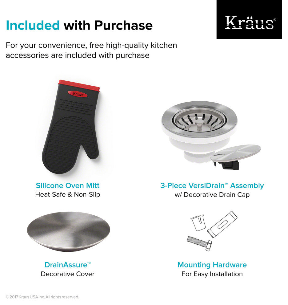 Kraus KD1US17 Dex 17" Single Basin 16 Gauge Stainless Steel - Gloss