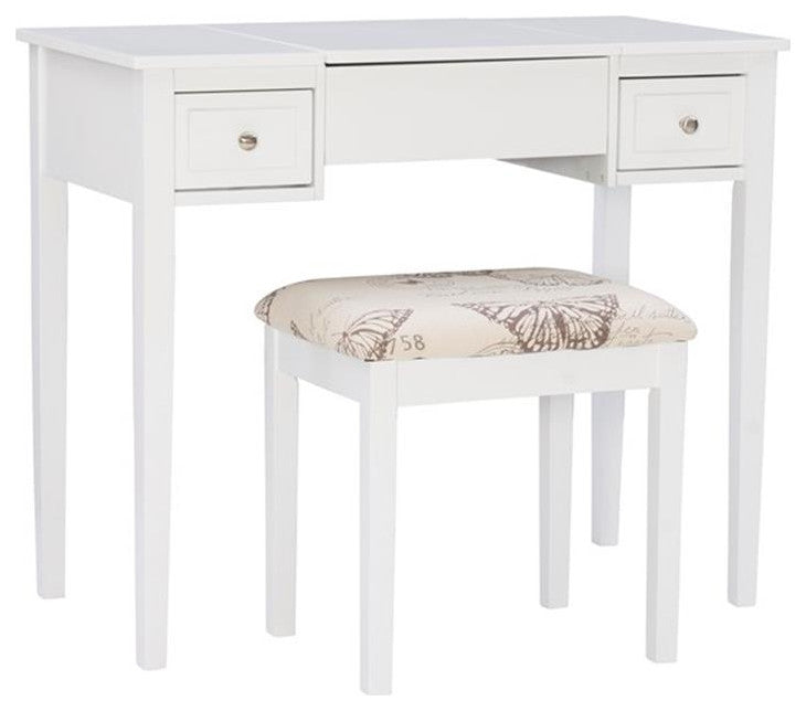 Linon Butterfly Wood Vanity & Padded Seat Stool Flip Up Mirror Storage in White