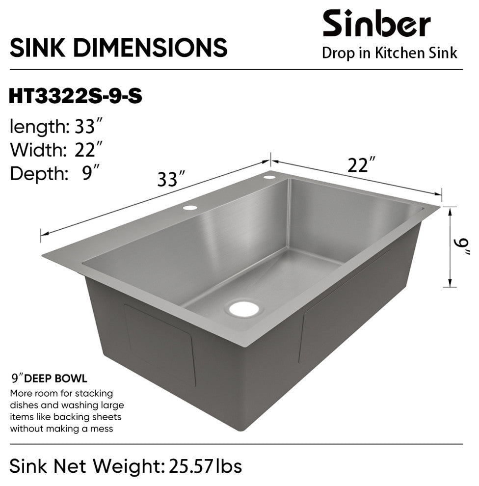 Sinber Single Bowl Kitchen Sink with 304 Stainless Steel Satin Finish, 33"x22", Drop in