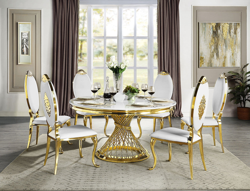 Acme Fallon Dining Table, Faux Marble Top & Mirrored Gold Finish