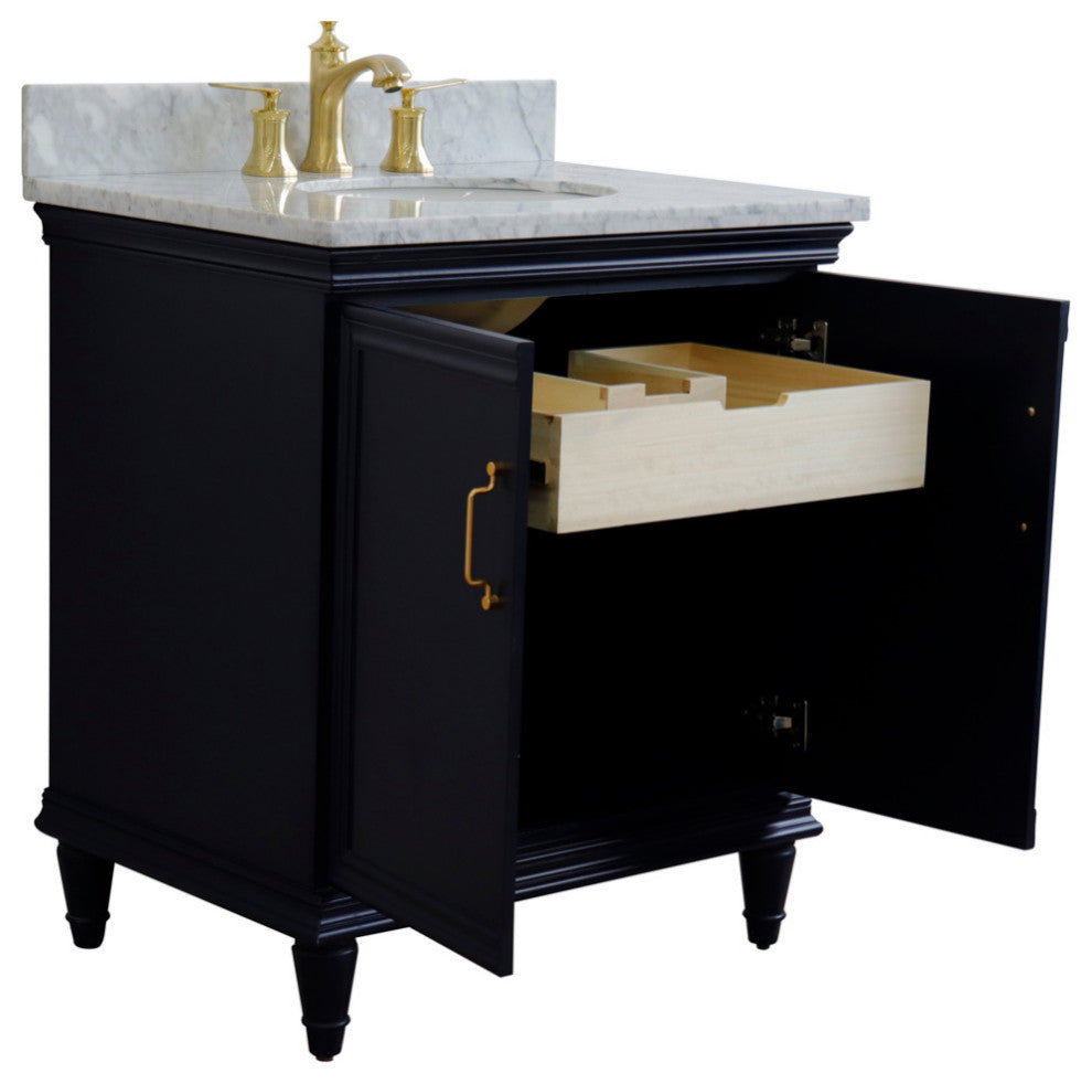 31" Single Vanity, Blue Finish With White Carrara And Oval Sink