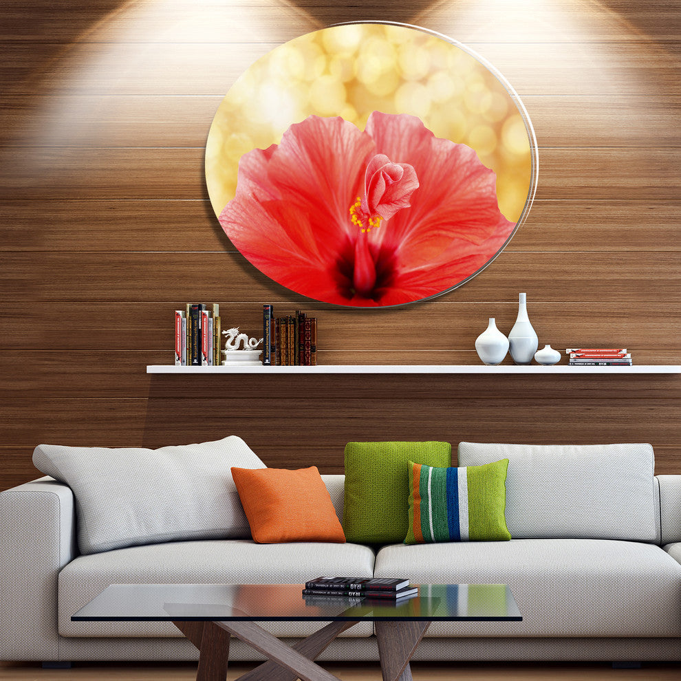 Hibiscus Flower With Lit-Up Background, Floral Round Wall Art, 11"