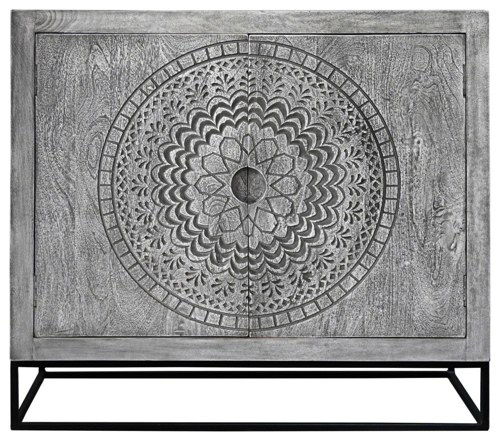 Zera 39" Accent Cabinet 2 Doors Medallion Carving Gray Mango Wood Black Iron