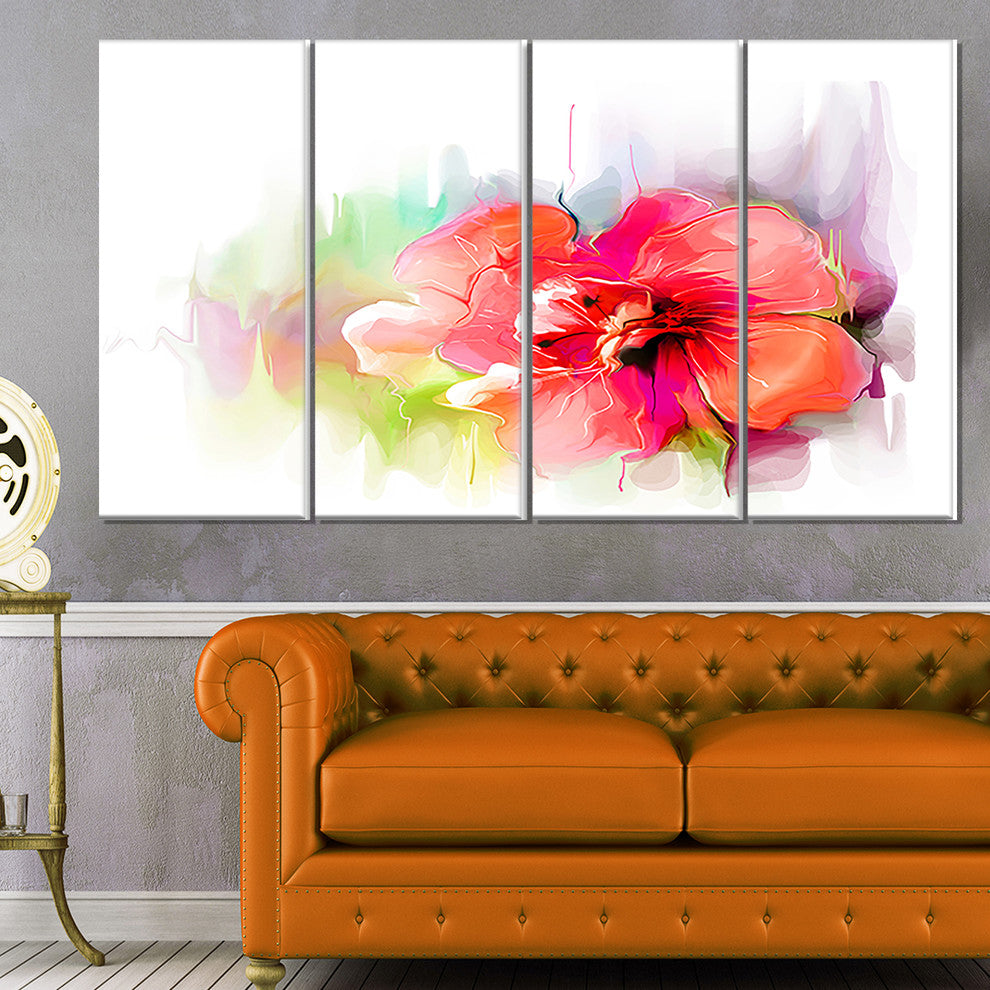 Beautiful Red Floral Watercolor, Floral Canvas Art Print, 48"x28", 4 Panels