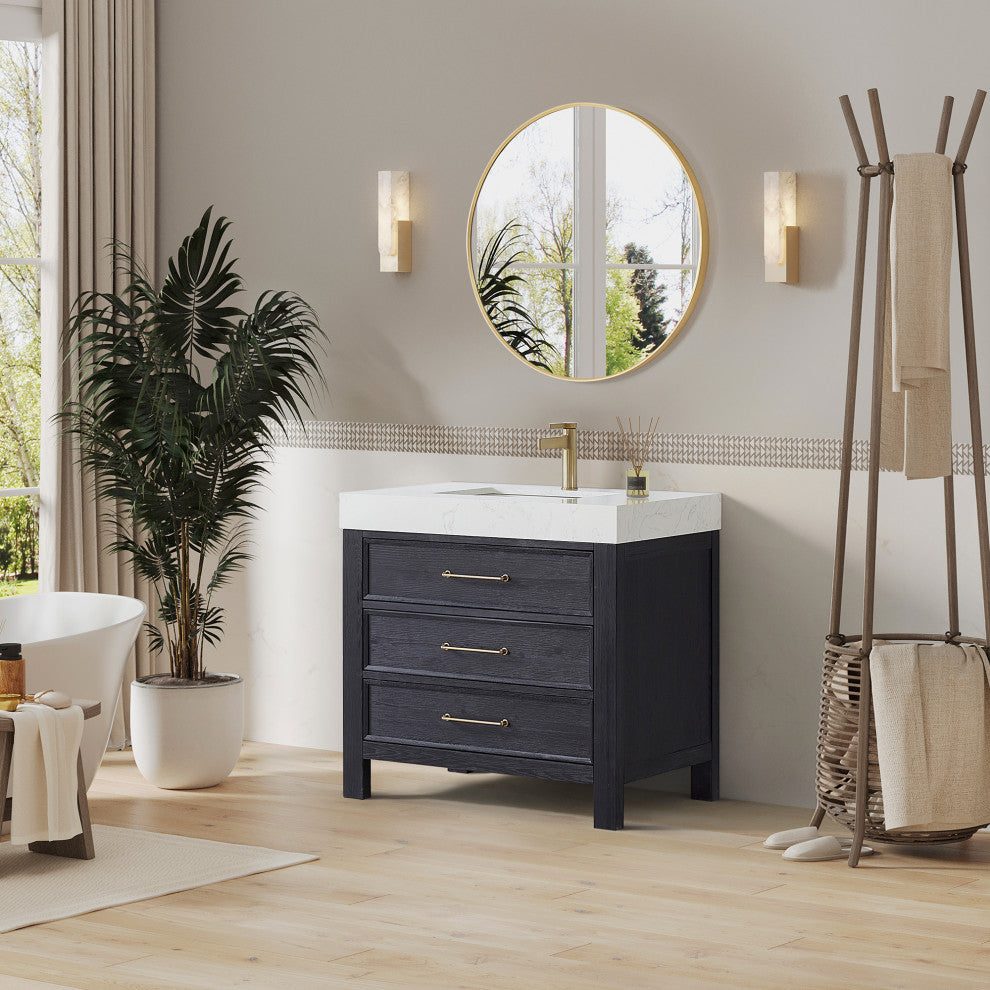 Leon Bath Vanity With Composite Stone Top, Fir Wood Black, 36", With Mirror