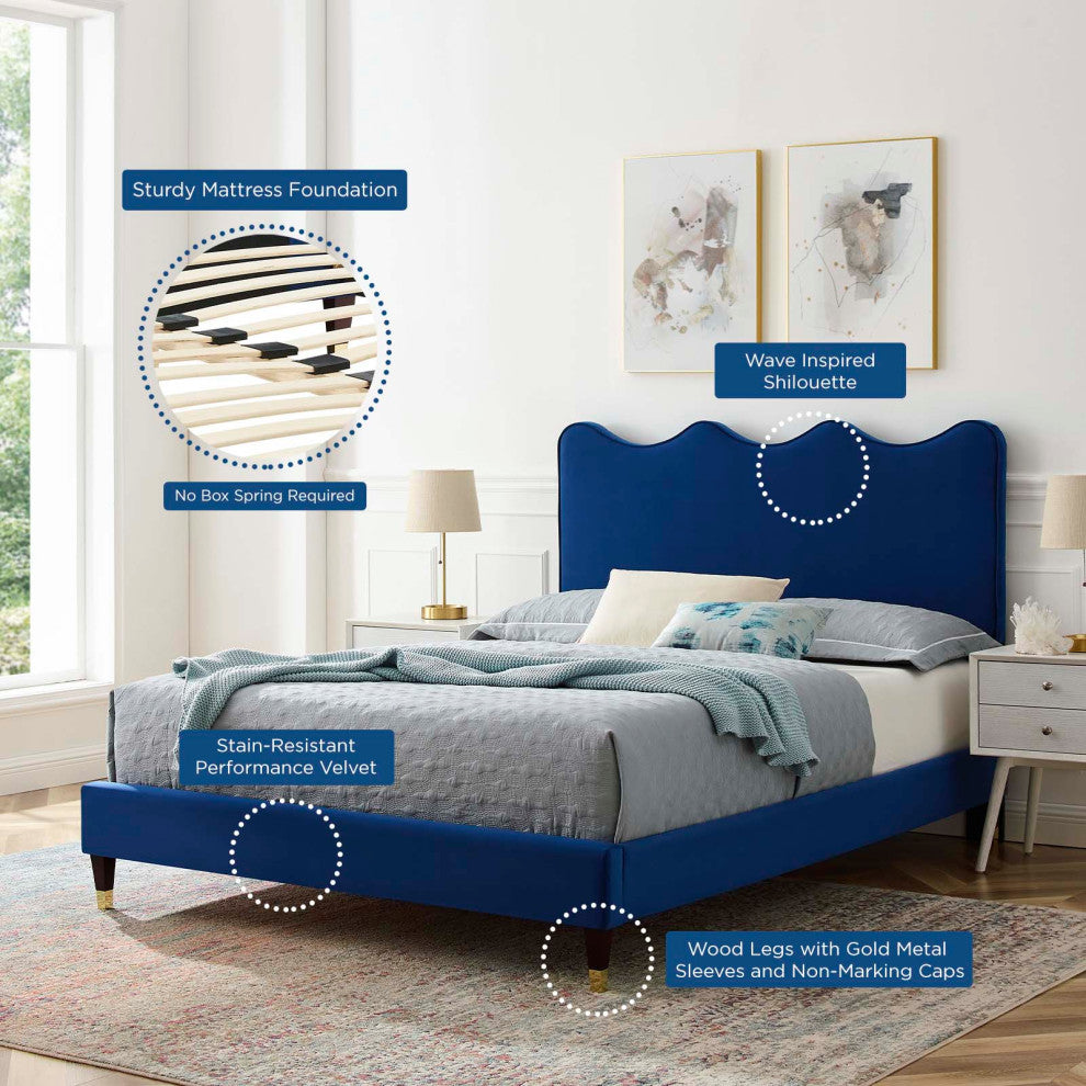 Platform Bed Frame, King Size, Blue Navy, Velvet, Modern, Bedroom Guest Suite