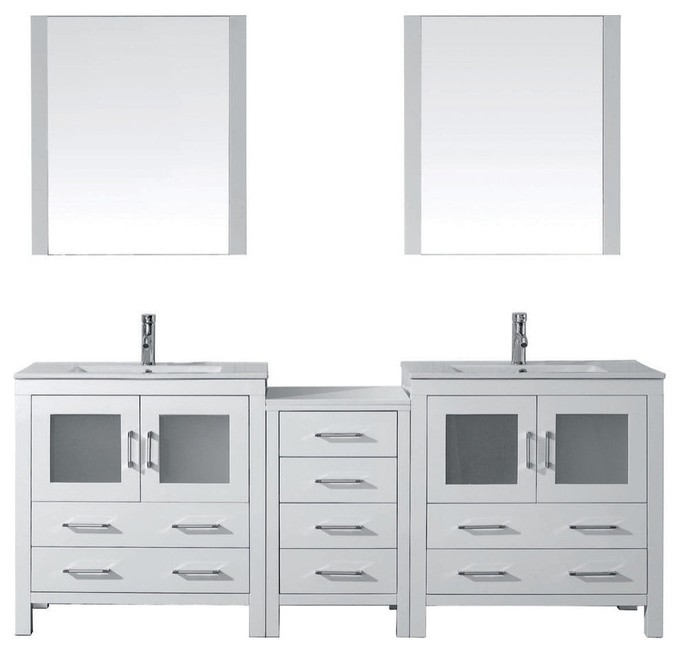 Virtu Dior 82" Double Bathroom Vanity, White, Polished Chrome Faucet, Mirrors