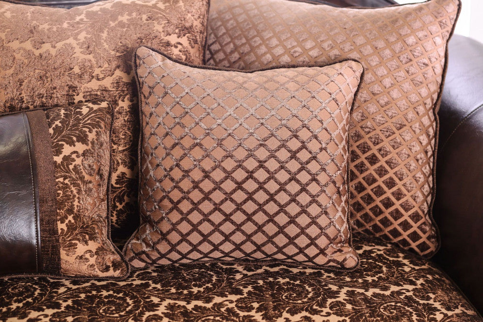 Chenille Loveseat with Intricate Wood Trim Design, Brown