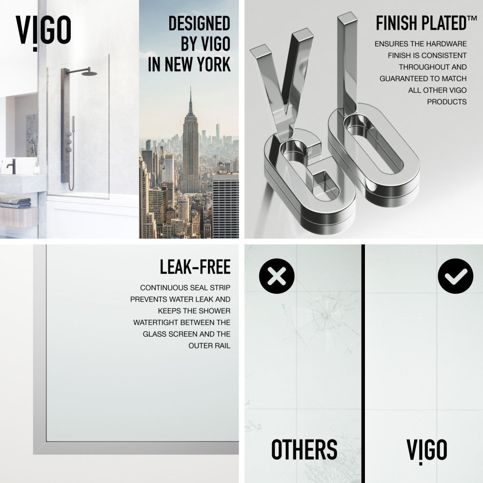 VIGO Zenith Frameless Fixed, Chrome, Tub Screen, 34" W X 62" H, Clear Glass