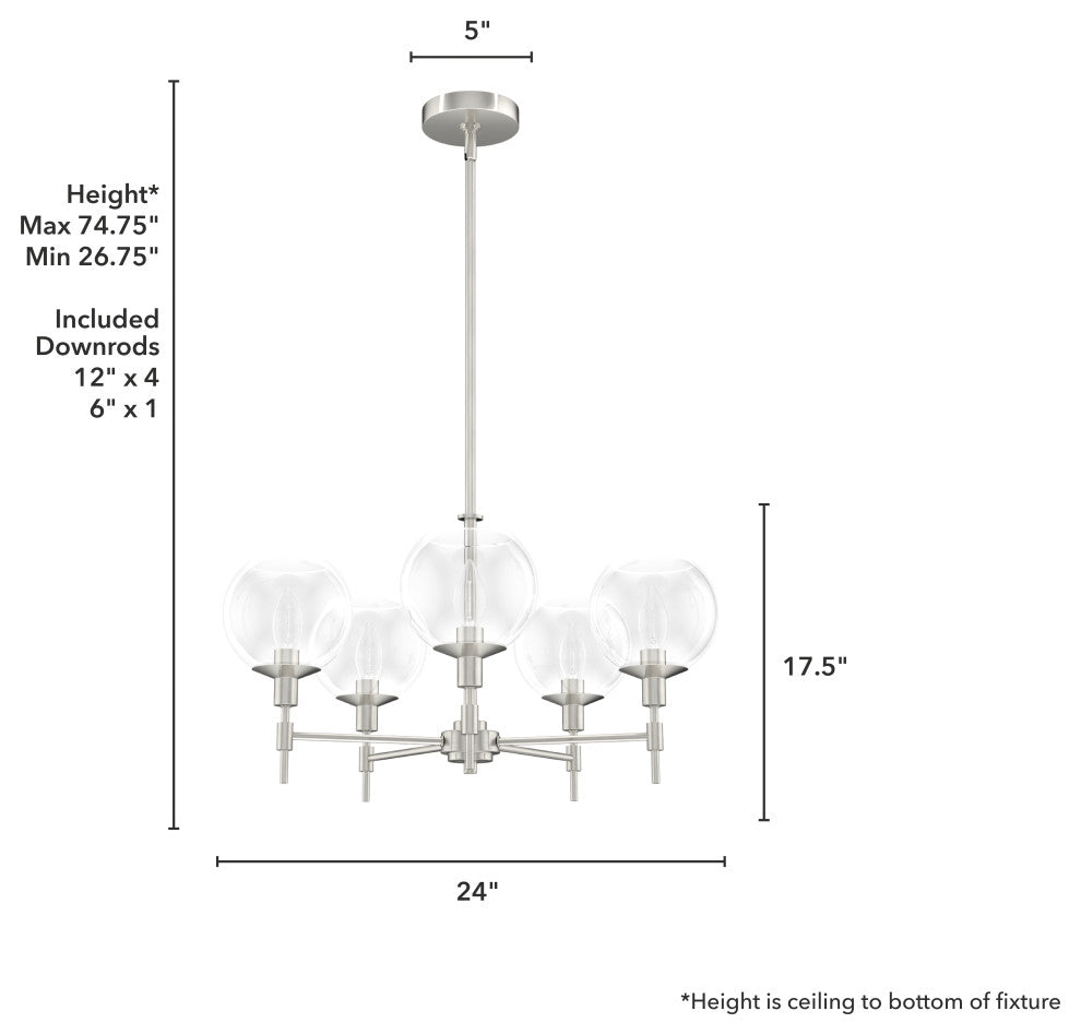 Xidane Brushed Nickel, Clear Glass 5 Light Chandelier Light