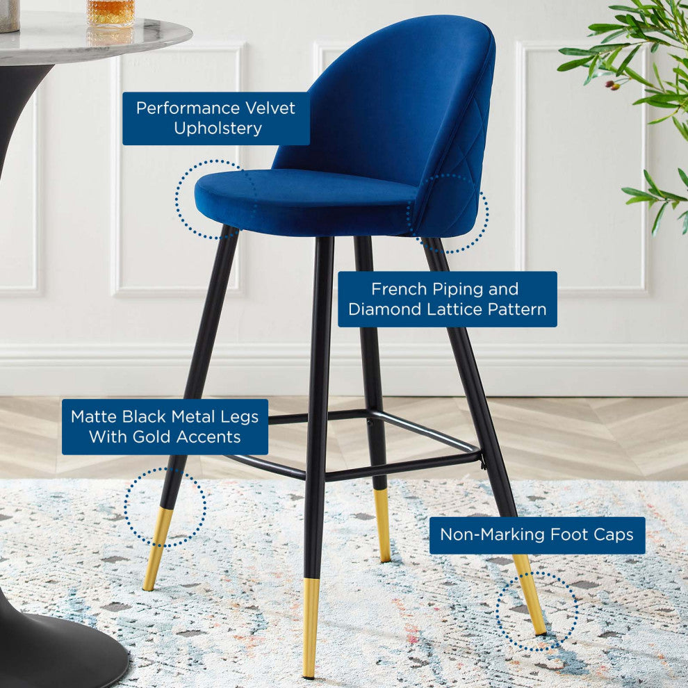 Bar Stool Chair Barstool, Set of 2, Velvet, Metal, Blue Navy, Modern, Bar Pub