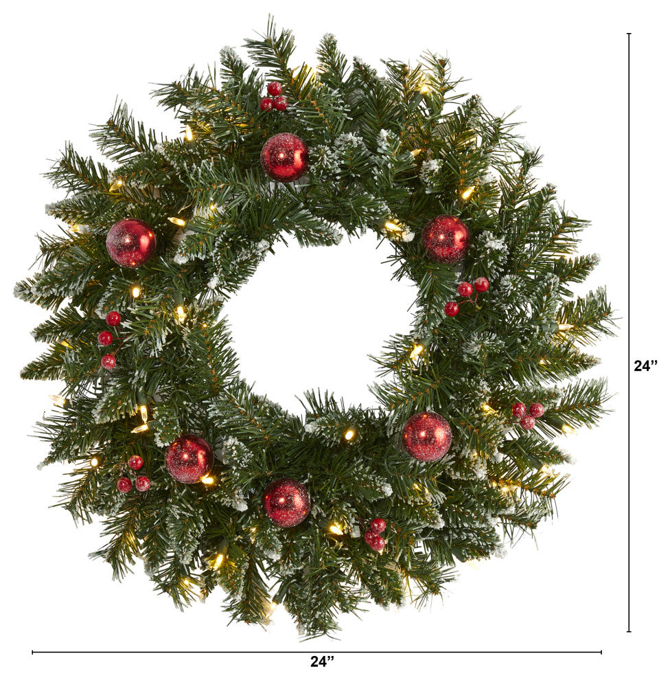 24" Frosted Faux Christmas Wreath With 50 LED Lights, Ornaments and Berries