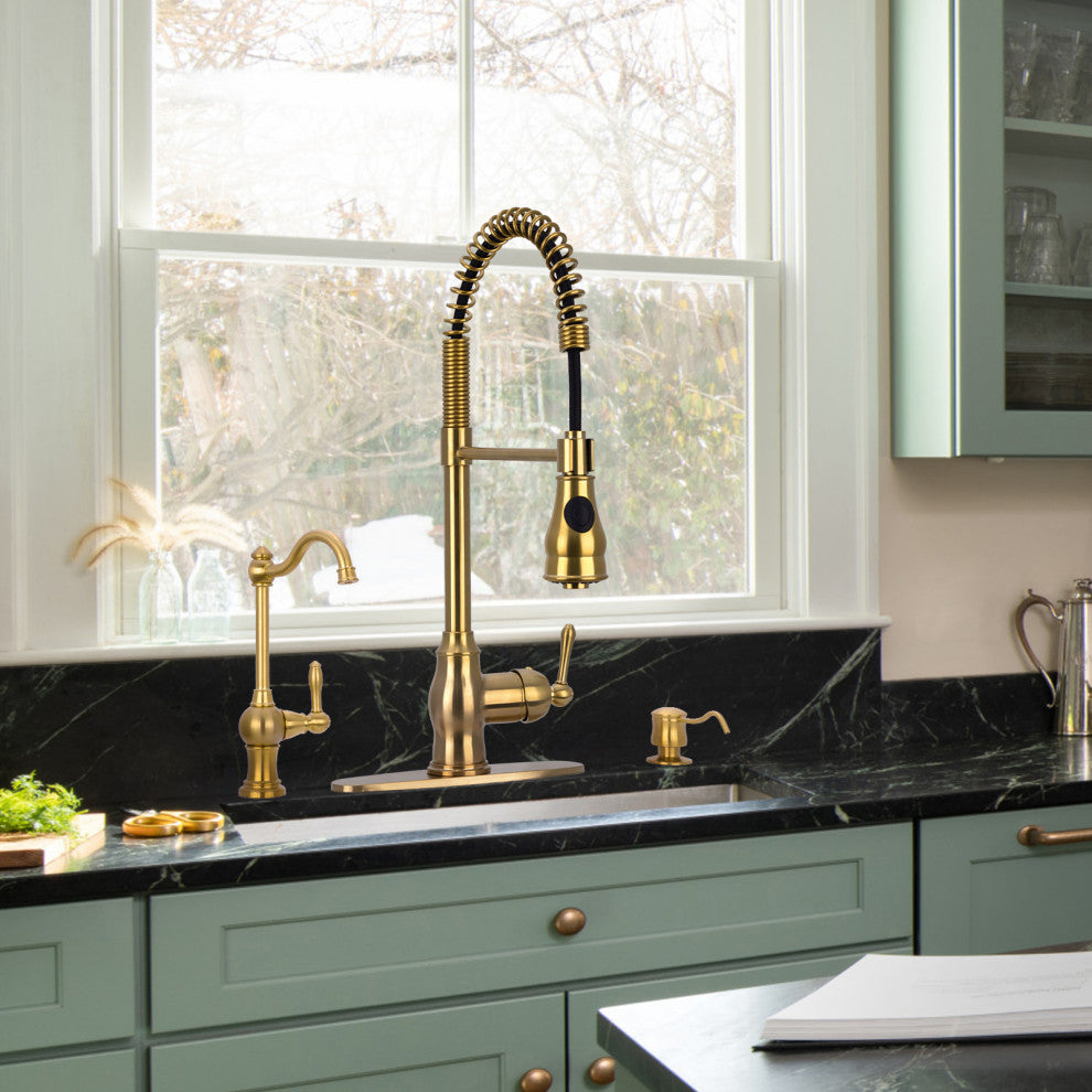 Copper Pre-Rinse Spring Kitchen Faucet with Pull Down Sprayer, Brushed Gold