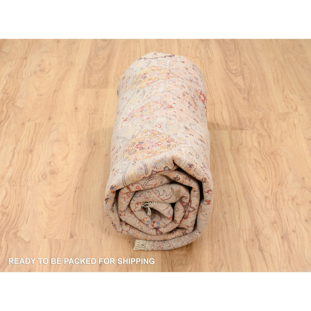 Beige, Wool and Pure Silk, Hand Knotted, Oriental, Round, Rug, 8'9" x 8'9"