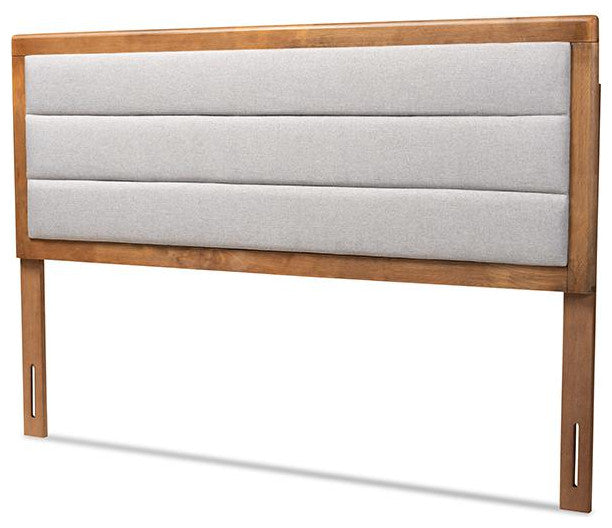 Light Grey Fabric Upholstered and Walnut Brown Finished Wood King Size Headboard