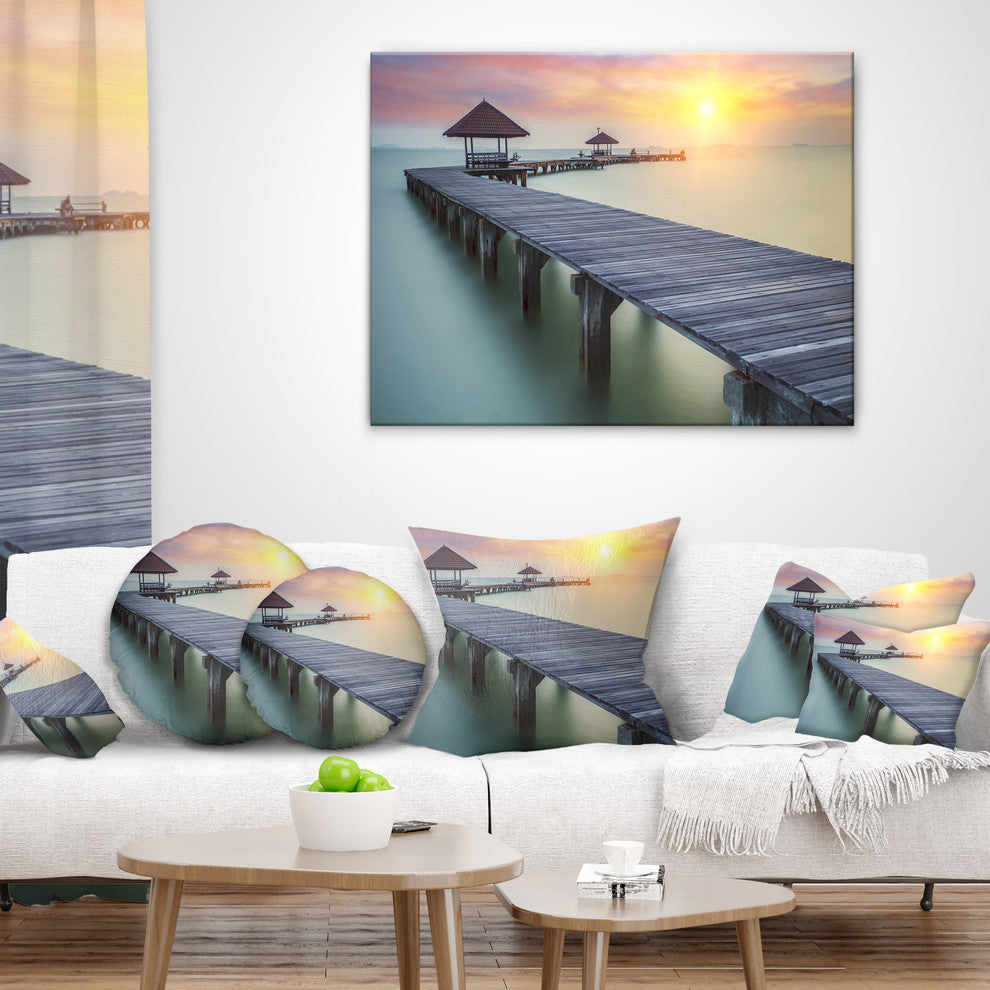 Wooden Sea Bridge and Sunset Seashore Photo Throw Pillow, 18"x18"
