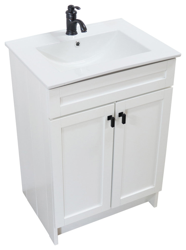 SmartFold 24" Single Sink Vanity, White With White Ceramic Top, Matte Black