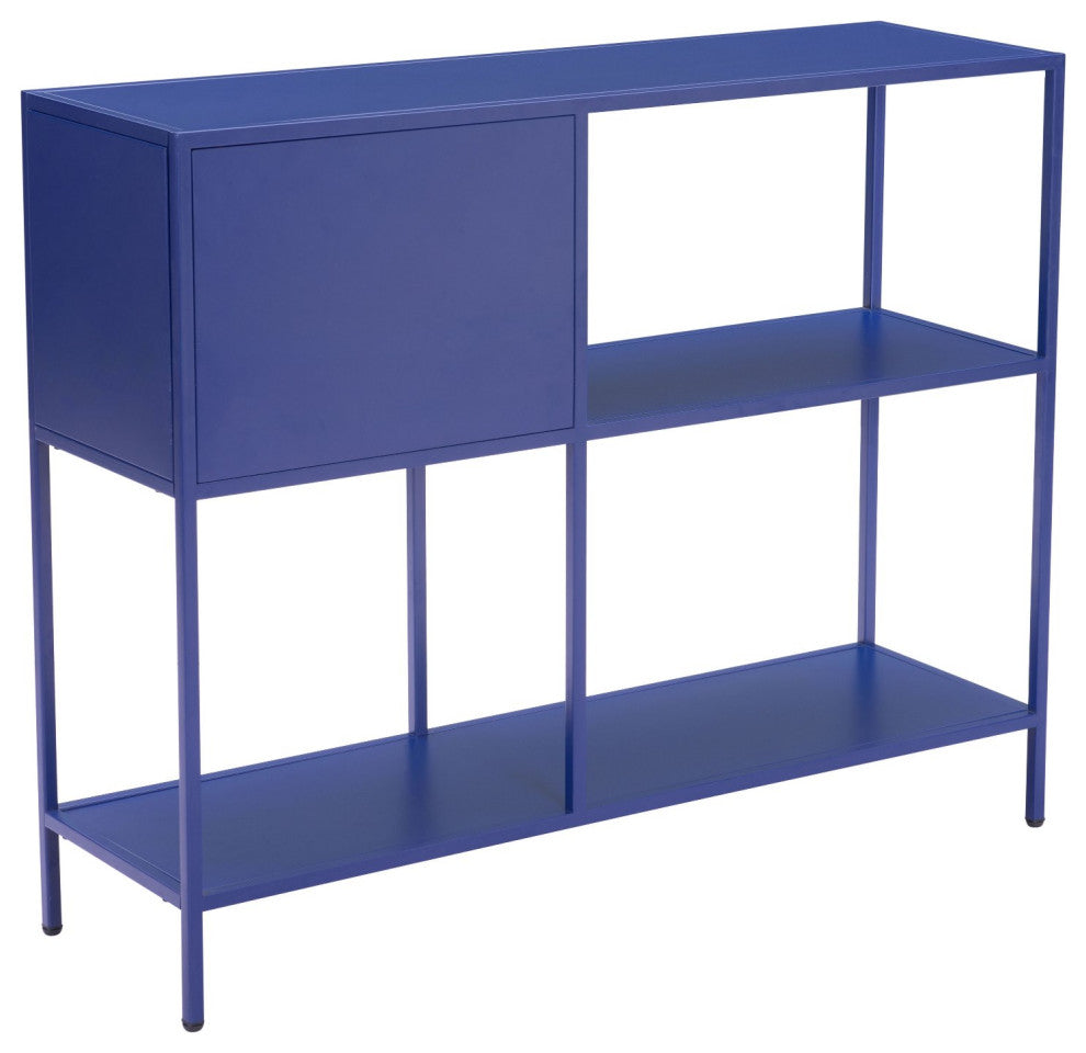 Bookcase Wall Shelf Rack, Steel Metal, Blue, Gold, Lounge Lobby Hospitality