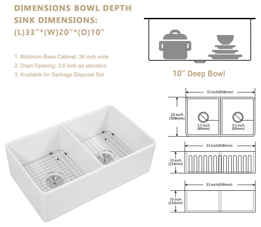 Farmhouse Ceramic Kitchen Sink Double Bowl Apron Front White Basin