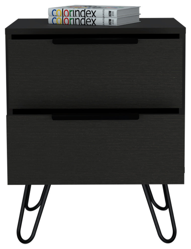Nuvo 22-inch Tall Nightstand, 2 Drawers, and Hairpin Legs, Black Wenge