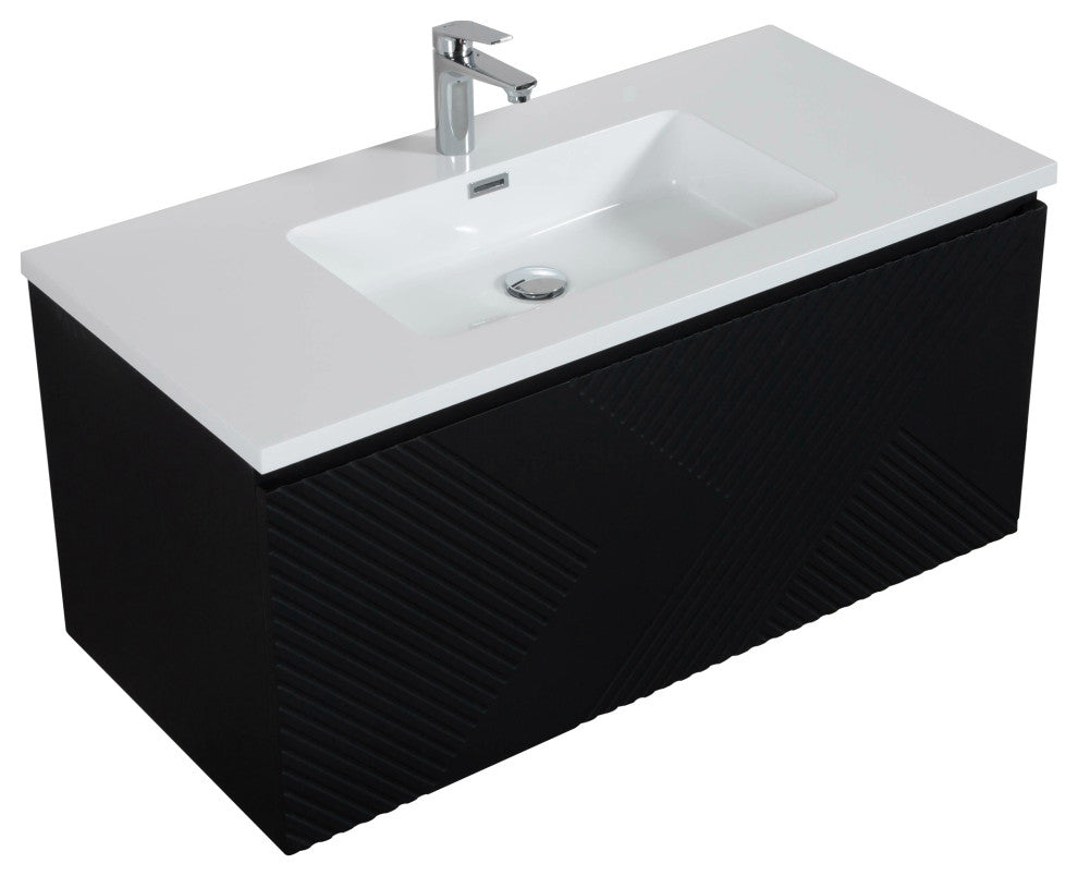 Matte Black Wall Mount Bath Vanity, Integrated Sink, White Sink, 36"