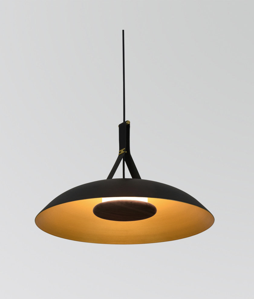 Volo LED Pendant, Noir, Brushed Brass/ Black Leather/Dark Stained Walnut, 3000K