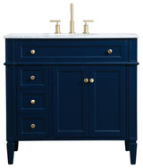 Home Living Vanity with Carrara White Marble Countertop, Blue, 36", Single Sink