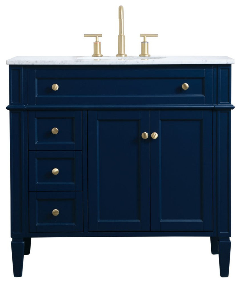Home Living Vanity with Carrara White Marble Countertop, Blue, 36", Single Sink