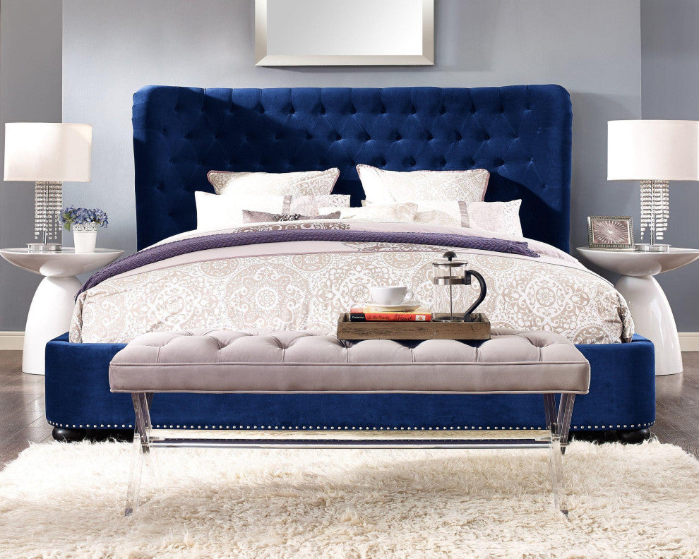Finley Blue Velvet Bed, Queen
