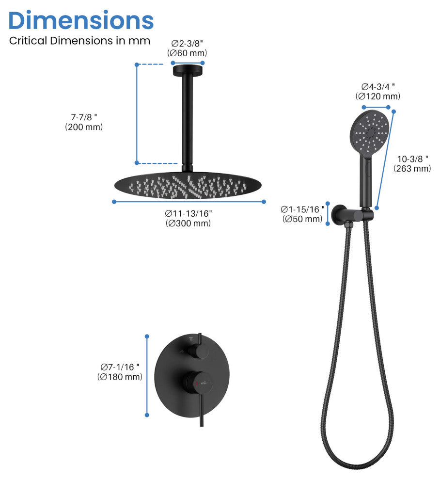 Ceiling Mounted 2-Function Shower System, Rough, Valve, Matte Black