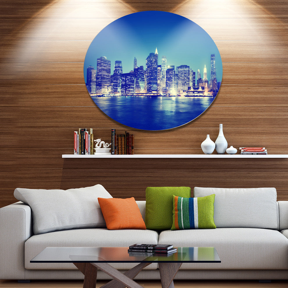 New York City Night Panorama, Cityscape Wall Disc Metal Wall Art, 36"