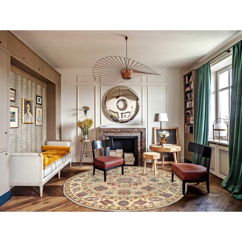 Pale Goldenrod, Special Kazak 100% Wool Hand Knotted Oriental Rug, 8'x7'9"