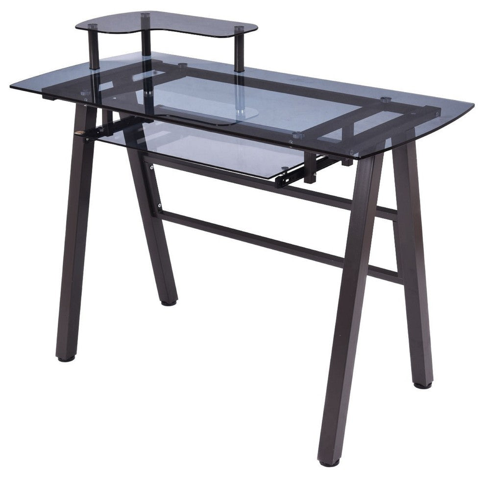 Modern Glass Top Computer Desk with Printer Shelf