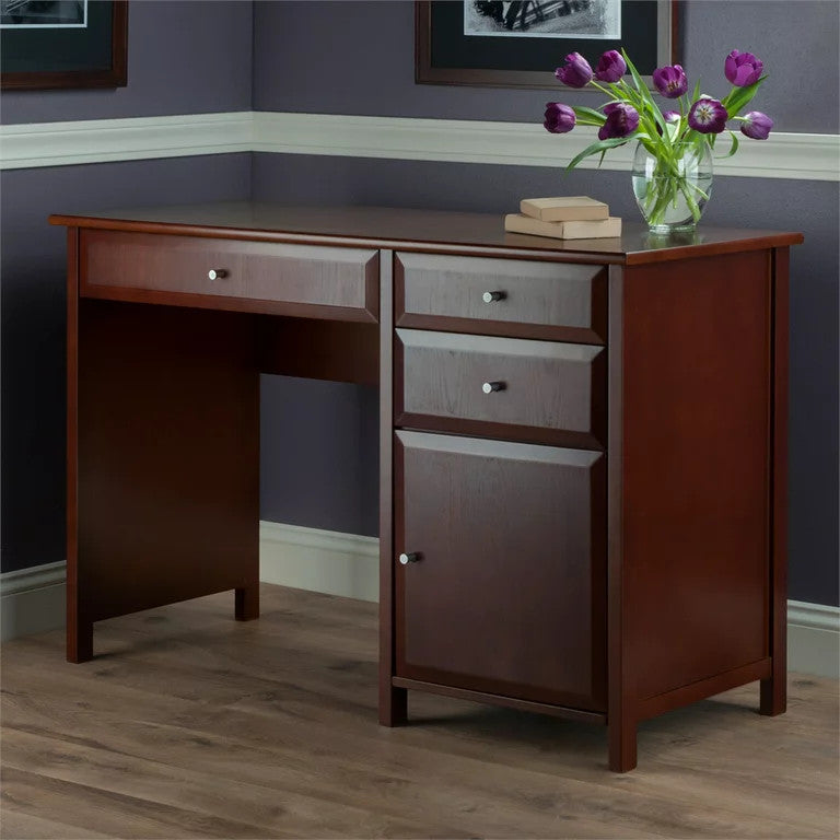 Transitional Desk, 3 Drawers & Single Door Cabinet With Beveled Accent, Walnut