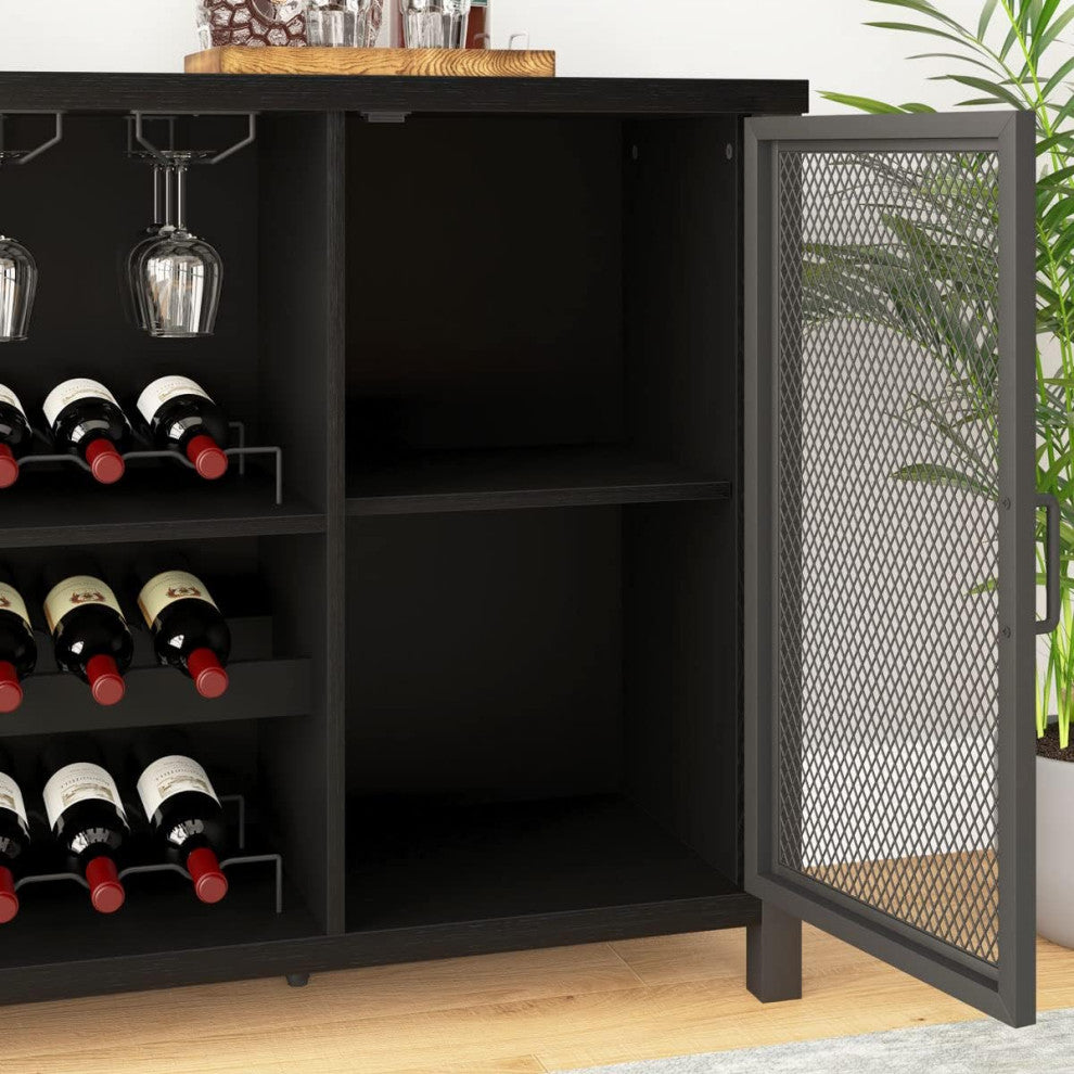 Industrial Bar Cabinet, Center Wine Rack and Glassware Storage in Dark Finish, Black Oak