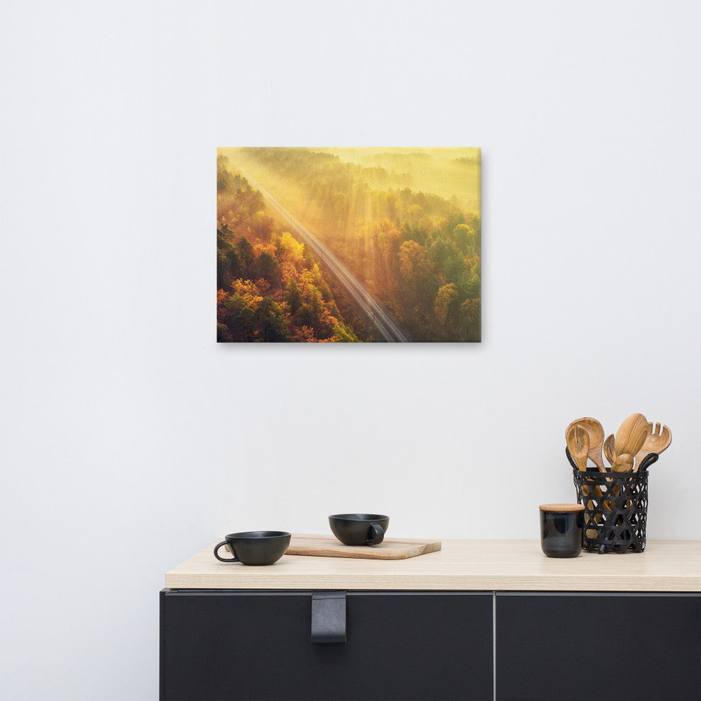 Sunrise Railroad Misty Forest Golden Haze Landscape Photo Canvas Art Print, 18" X 24"