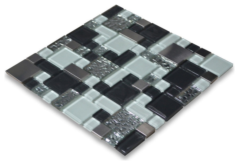 Glass Mosaic Tile Gray White Electroplate Stainless Steel Paragon, 1 sheet