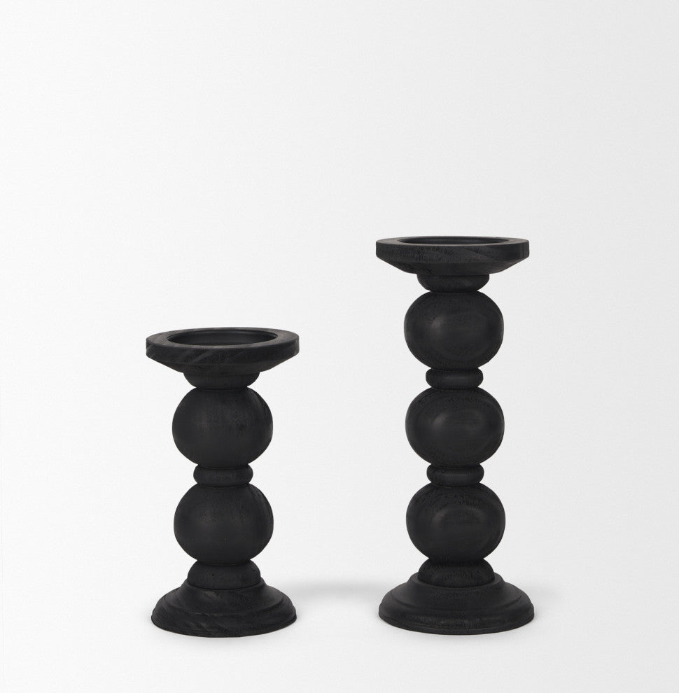 Wanda Matte Black Wood Pillar Candle Holders, 2-Piece Set