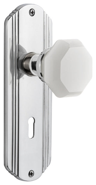 Deco Plate Interior Mortise Waldorf White Milk Glass Knob, Bright Chrome