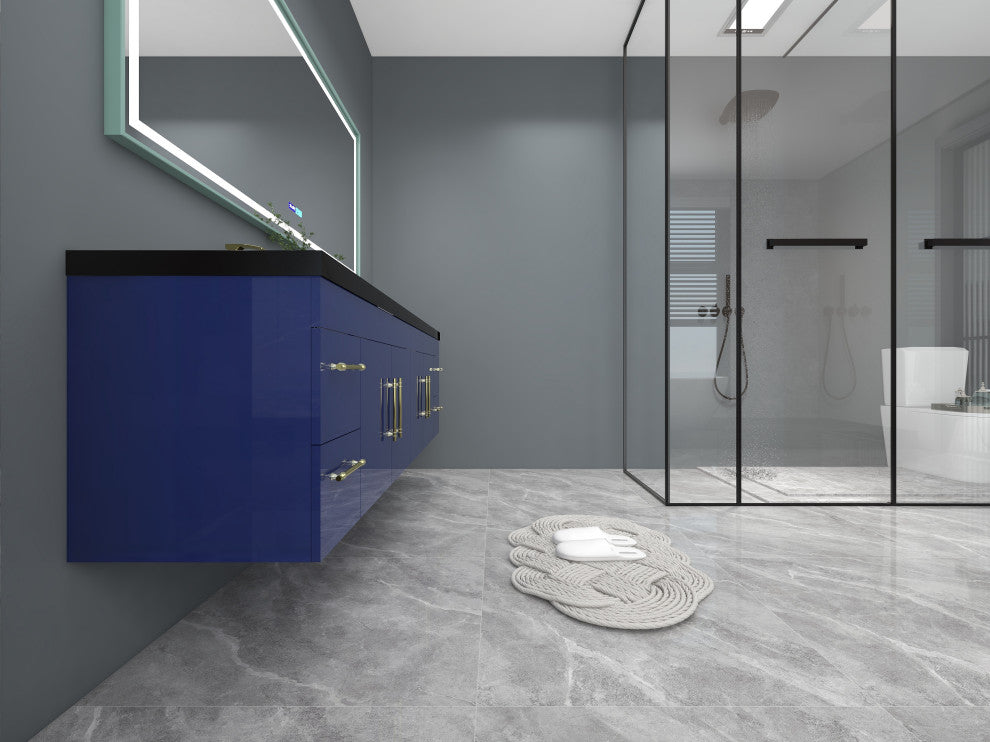Rosa 84" Wall Mounted Modern Vanity, High Gloss Night Blue, Matt Black Top
