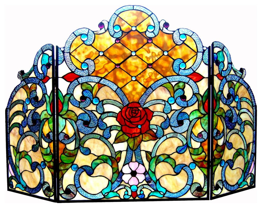 Chloe-Lighting Tiffany-Glass 3-Piece Folding Victorian Fireplace Screen