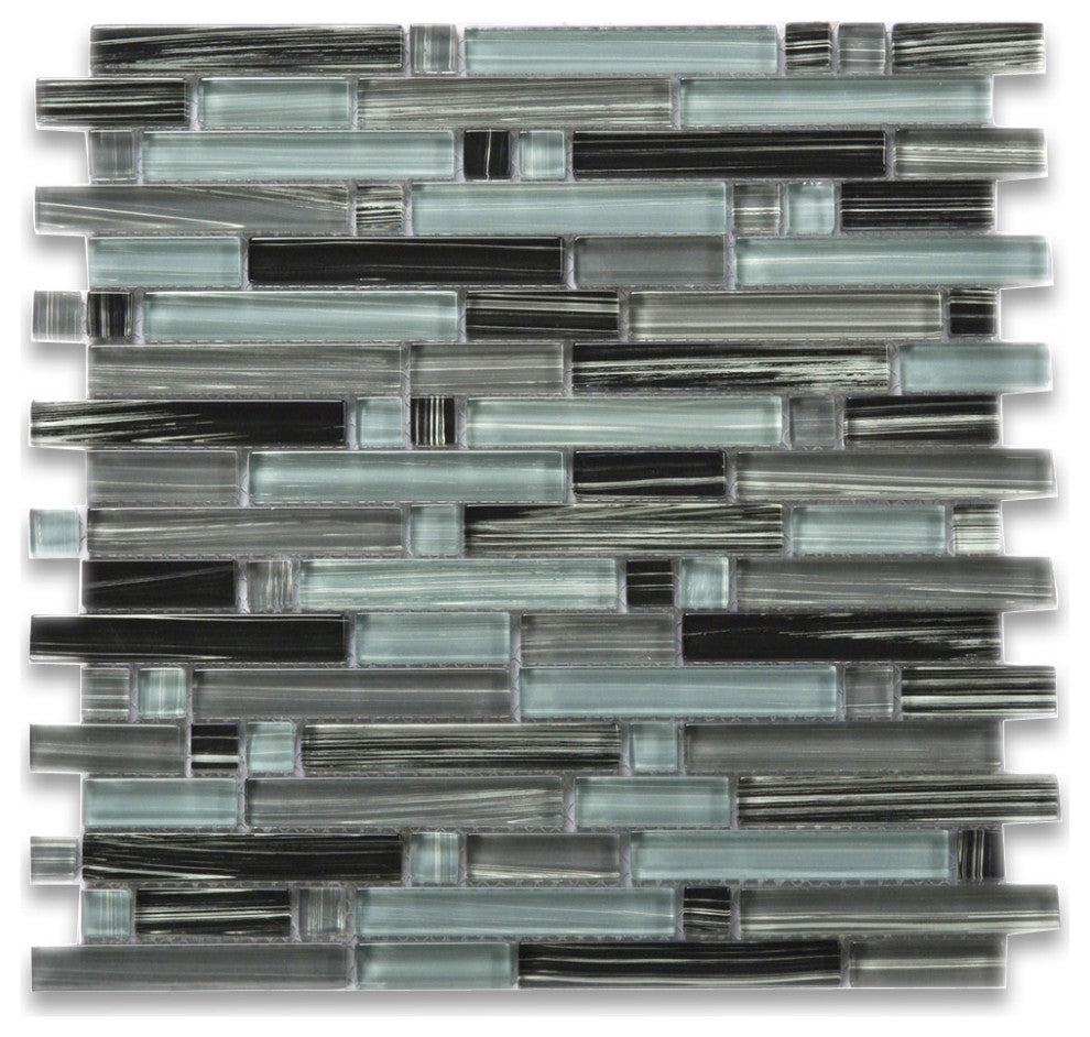 Glass Mosaic Tile Grey Blue Black Glass Brick Cane Backsplashes, 1 sheet