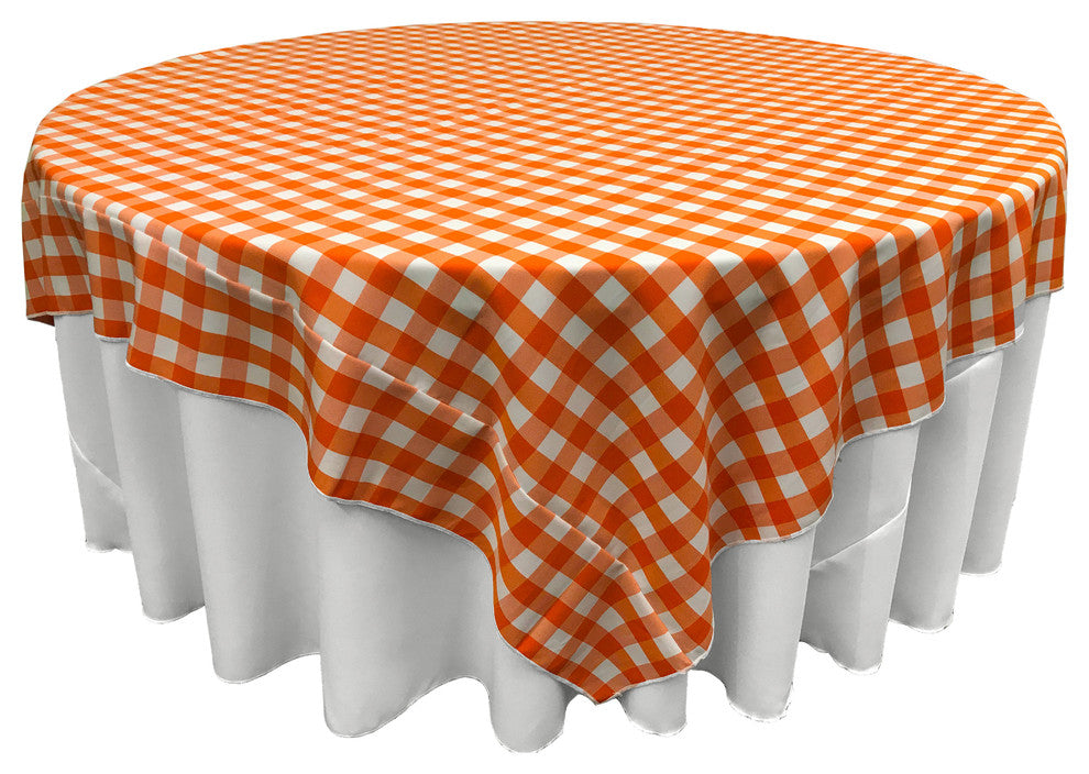 LA Linen Square Gingham Checkered Tablecloth, White and Orange, 90"x90"