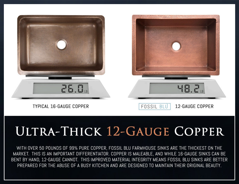 Luxury 30-Inch Heavy 12-GAUGE Med. Patina Copper Farmhouse Sink, Flat Front