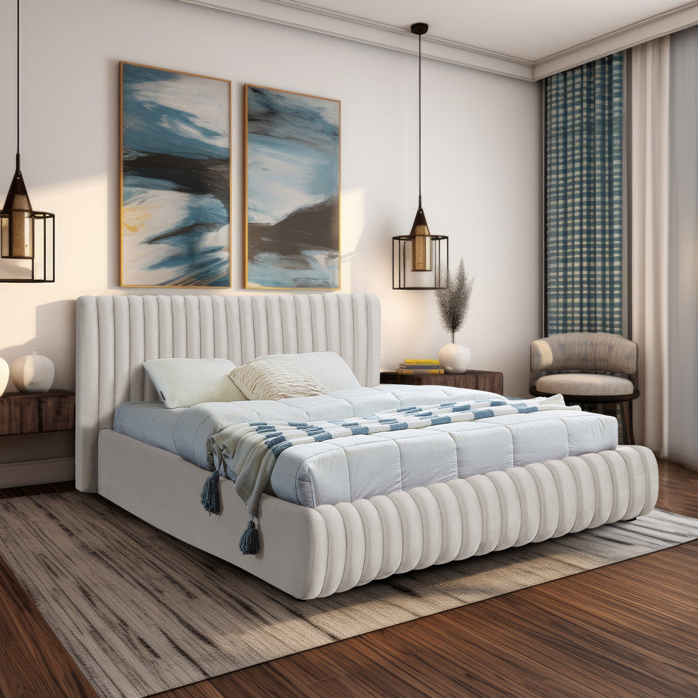 Nico Black Velvet Upholstered Bed, Cream, Queen