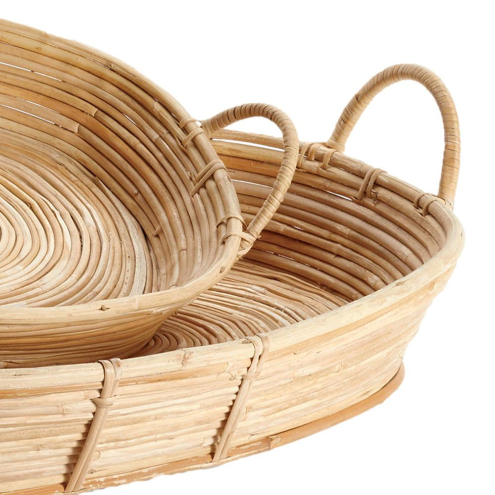 Set of 2 Oval Cane Rattan Basket Trays with Handles 24 in Serving Coastal Boho