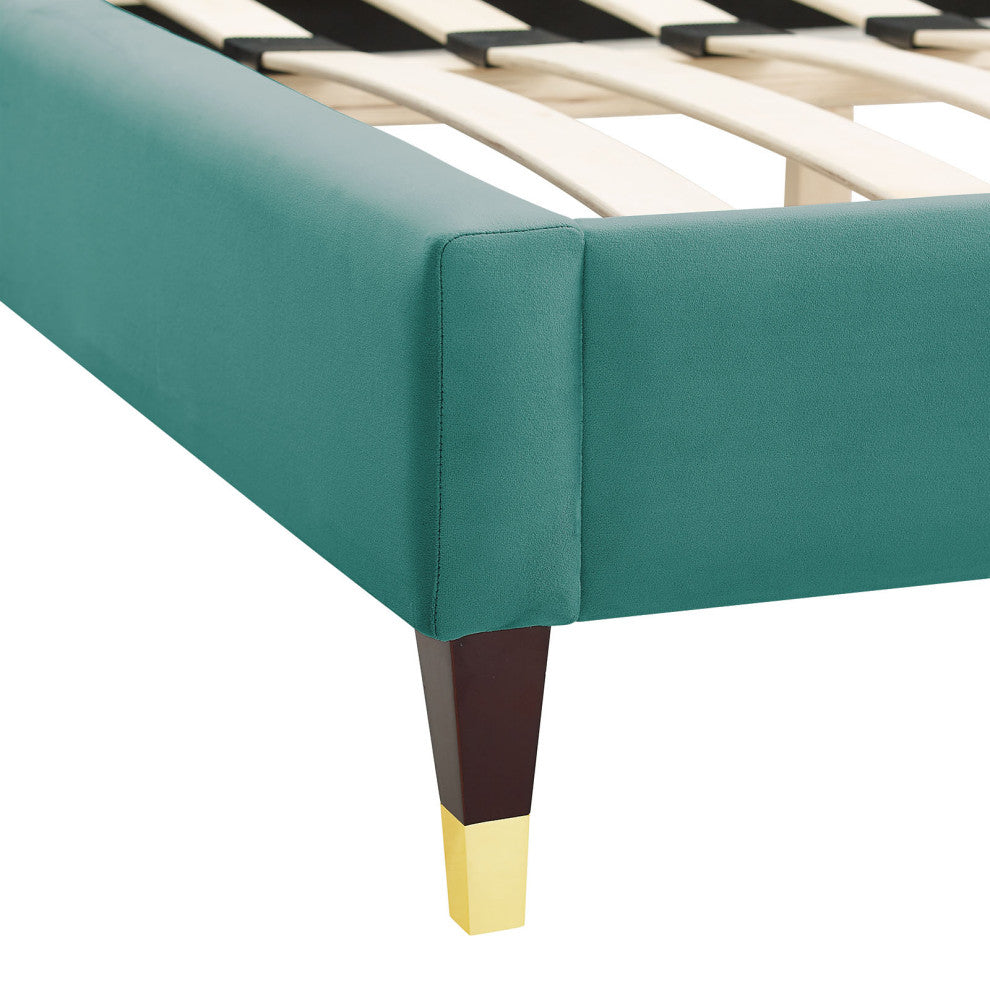 Platform Bed Frame, King Size, Teal Blue, Velvet, Modern, Bedroom Guest Suite