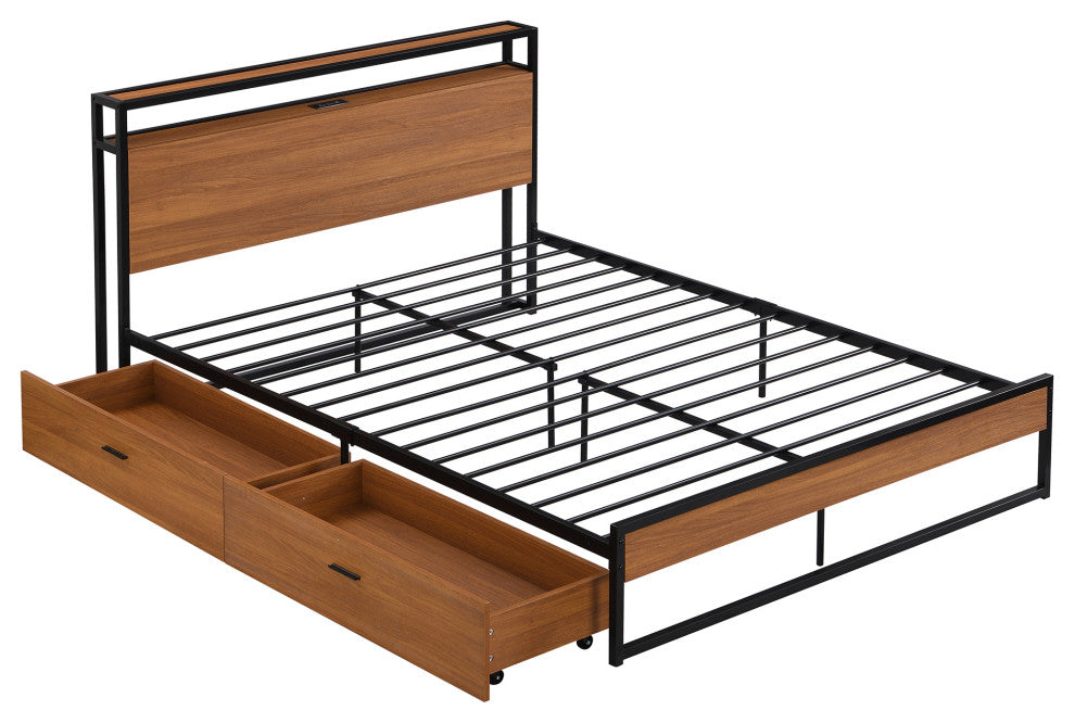 Full/Queen Metal Frame Wood Platform Bed with Two Drawers,Sockets and USB Ports,