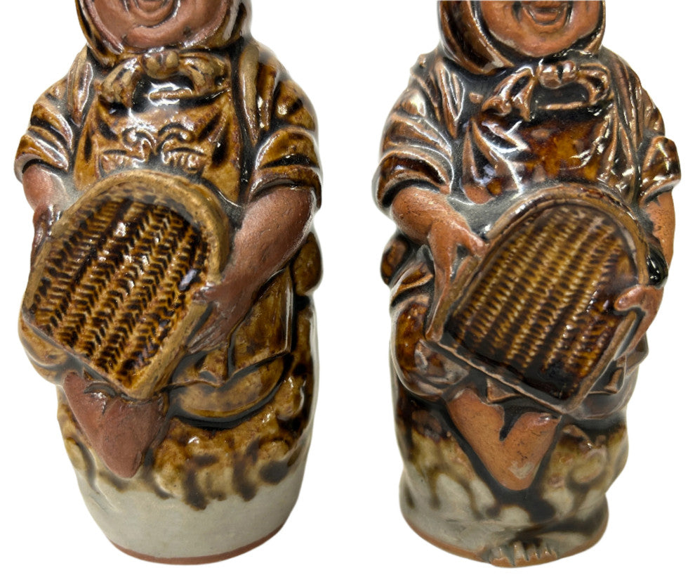 Pair Ceramic Handmade Brown Cheerful Basket Holding Jovial Figure Vases