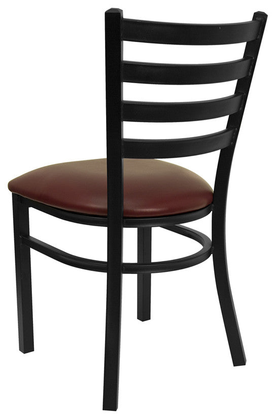Black Ladder Back Metal Restaurant Chair, Burgundy Vinyl Seat